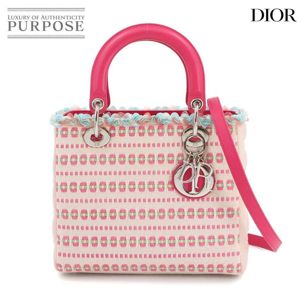 Christian Dior Cannage Lady Hand Shoulder Bag Tweed Canvas Leather Pink